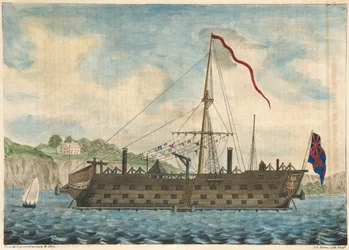 Gevangenisschip Saratoga bij Dartmouth, gepubliceerd 1840 (handgekleurde gravure)